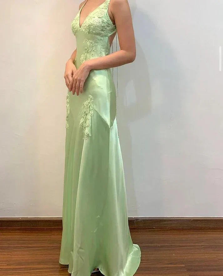 A-Line Evening Dress Satin Spaghetti Straps Green Vintage Backless Long Prom Dresses HZ1024