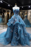A-line Tulle 3D Appliqu¨¦ Long Prom Dress, Vintage Evening Gown HZ1024