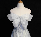 Grey A-Line Tulle Sequin Long Prom Dress,Sweet Off-shoulder Evening Dress HZ1024