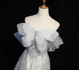 Grey A-Line Tulle Sequin Long Prom Dress,Sweet Off-shoulder Evening Dress HZ1024