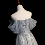 Grey A-Line Tulle Sequin Long Prom Dress,Sweet Off-shoulder Evening Dress HZ1024