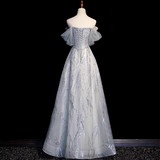 Grey A-Line Tulle Sequin Long Prom Dress,Sweet Off-shoulder Evening Dress HZ1024
