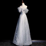 Grey A-Line Tulle Sequin Long Prom Dress,Sweet Off-shoulder Evening Dress HZ1024