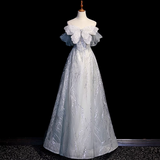 Grey A-Line Tulle Sequin Long Prom Dress,Sweet Off-shoulder Evening Dress HZ1024