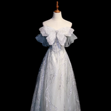 Grey A-Line Tulle Sequin Long Prom Dress,Sweet Off-shoulder Evening Dress HZ1024