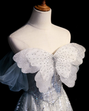 Grey A-Line Tulle Sequin Long Prom Dress,Sweet Off-shoulder Evening Dress HZ1024