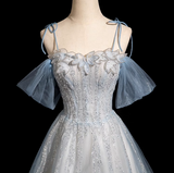 Spaghetti Straps Tulle Sequins Long Prom Dress, Sweet Beaded Evening Dress HZ1024