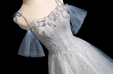 Spaghetti Straps Tulle Sequins Long Prom Dress, Sweet Beaded Evening Dress HZ1024