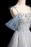 Spaghetti Straps Tulle Sequins Long Prom Dress, Sweet Beaded Evening Dress HZ1024