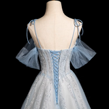 Spaghetti Straps Tulle Sequins Long Prom Dress, Sweet Beaded Evening Dress HZ1024