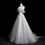 Spaghetti Straps Tulle Sequins Long Prom Dress, Sweet Beaded Evening Dress HZ1024