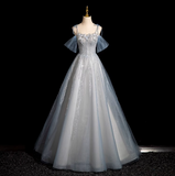 Spaghetti Straps Tulle Sequins Long Prom Dress, Sweet Beaded Evening Dress HZ1024