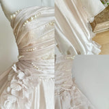 Pink A-line Tulle Satin Long Prom Dresses Strapless Applique Wedding Dresses HZ1024