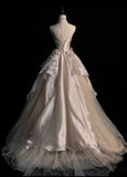 Pink A-line Tulle Satin Long Prom Dresses Strapless Applique Wedding Dresses HZ1024