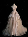 Pink A-line Tulle Satin Long Prom Dresses Strapless Applique Wedding Dresses HZ1024