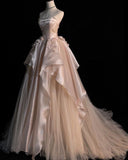 Pink A-line Tulle Satin Long Prom Dresses Strapless Applique Wedding Dresses HZ1024