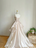 Pink A-line Tulle Satin Long Prom Dresses Strapless Applique Wedding Dresses HZ1024