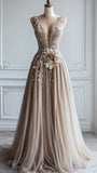 Deep V Neck Tulle Applique Long Evening Gown Bridesmaid Dress HZ1024
