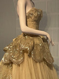 A-line Strapless Tulle Sequined Long Ball Gown HZ1024