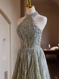A-line Halterneck Tulle Sequins Long Prom Dress, Beaded Evening Dress HZ1024