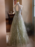 A-line Halterneck Tulle Sequins Long Prom Dress, Beaded Evening Dress HZ1024