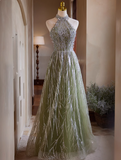 A-line Halterneck Tulle Sequins Long Prom Dress, Beaded Evening Dress HZ1024