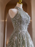 A-line Halterneck Tulle Sequins Long Prom Dress, Beaded Evening Dress HZ1024