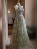 A-line Halterneck Tulle Sequins Long Prom Dress, Beaded Evening Dress HZ1024