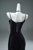 Mermaid Spaghetti Straps Velvet Beaded Long Prom Dresses , Elegant Evening Dress HZ1024