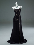 Mermaid Spaghetti Straps Velvet Beaded Long Prom Dresses , Elegant Evening Dress HZ1024
