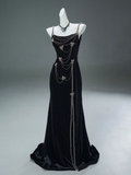 Mermaid Spaghetti Straps Velvet Beaded Long Prom Dresses , Elegant Evening Dress HZ1024