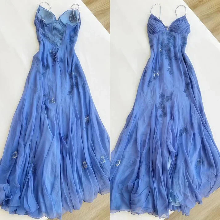 Spaghetti Straps V-neck Beaded Backless Prom Dresses Party Dresses HZ1024