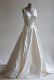 A-line V-neck Satin Train Long Prom Dress Simple Wedding Dress HZ1024