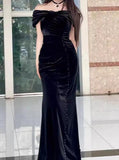 Mermaid Off-the-shoulder Velvet Long Prom Dress, Elegant Evening Dress HZ1024