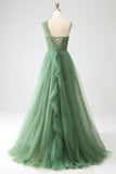 Green A-Line One-Shoulder sequins Tulle Long Prom Dress HZ1024
