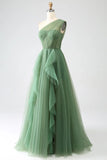 Green A-Line One-Shoulder sequins Tulle Long Prom Dress HZ1024