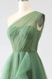 Green A-Line One-Shoulder sequins Tulle Long Prom Dress HZ1024