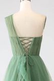 Green A-Line One-Shoulder sequins Tulle Long Prom Dress HZ1024