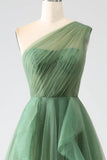 Green A-Line One-Shoulder sequins Tulle Long Prom Dress HZ1024
