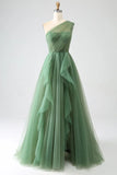 Green A-Line One-Shoulder sequins Tulle Long Prom Dress HZ1024