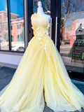 Yellow A-line One Shoulder Tulle 3D Appliques Beading Long Prom Dress with Slit HZ1024