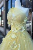 Yellow A-line One Shoulder Tulle 3D Appliques Beading Long Prom Dress with Slit HZ1024