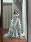Off-the-shoulder Tulle Sequin Long Ball Gown, Elegant Rhinestone Evening Gown HZ1024
