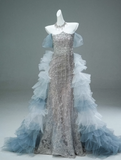 Off-the-shoulder Tulle Sequin Long Ball Gown, Elegant Rhinestone Evening Gown HZ1024