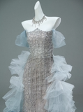 Off-the-shoulder Tulle Sequin Long Ball Gown, Elegant Rhinestone Evening Gown HZ1024