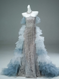 Off-the-shoulder Tulle Sequin Long Ball Gown, Elegant Rhinestone Evening Gown HZ1024