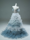 Off-the-shoulder Tulle Sequin Long Ball Gown, Elegant Rhinestone Evening Gown HZ1024