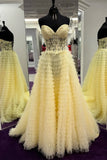A-line Strapless Multi-Layers Sweetheart Tulle Beaded Long Prom Dress with Slit HZ1024