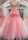 A-Line Off the Shoulder Lace Tulle Long Prom Dress, Sweet 16 Dress HZ1024
