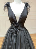 Line Black V Neck Tulle Long Prom Dress HZ1024